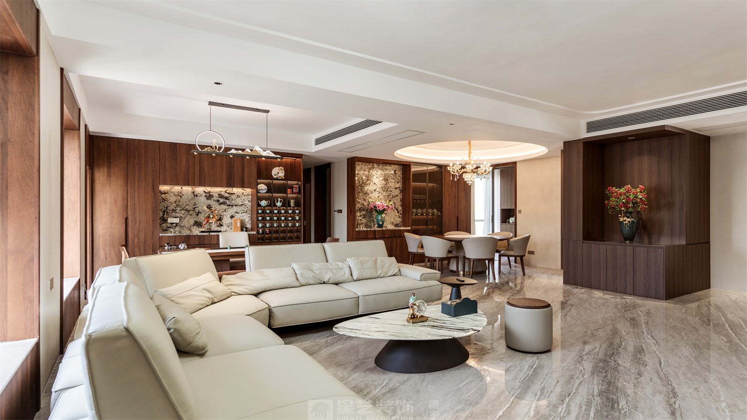 东方皇城260平简约中式客餐厅完工装修实景图